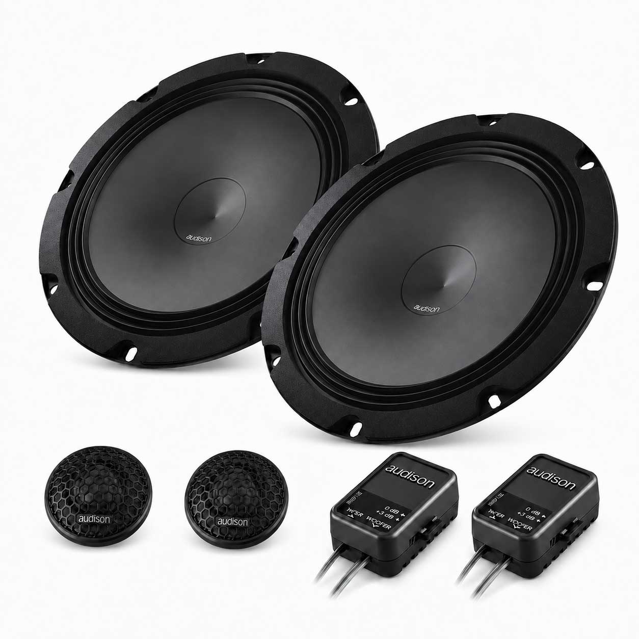 Audi A4 B8 Audison AP 8 200 mm Tieftöner mit AP 1 Hochtönern und APCX TW Frequenzweichen, 300 Watt, 4 Ohm, 93,5 dB inklusive Einbauringen und Lautsprecheradapterkabeln