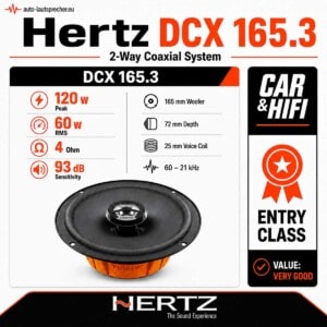 Infografik zum Hertz DCX 165.3 Koaxiallautsprecher mit 120 Watt Peak, 60 Watt RMS, 4 Ohm, 93 dB Wirkungsgrad und technischen Einbaudaten.