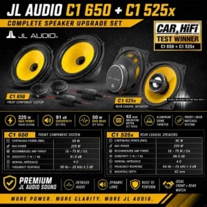 JL Audio C1 650 und C1 525x Lautsprecher-Upgrade-Set mit technischen Daten, Car & Hifi Testsieger-Hinweis und Front-Heck-Systemübersicht