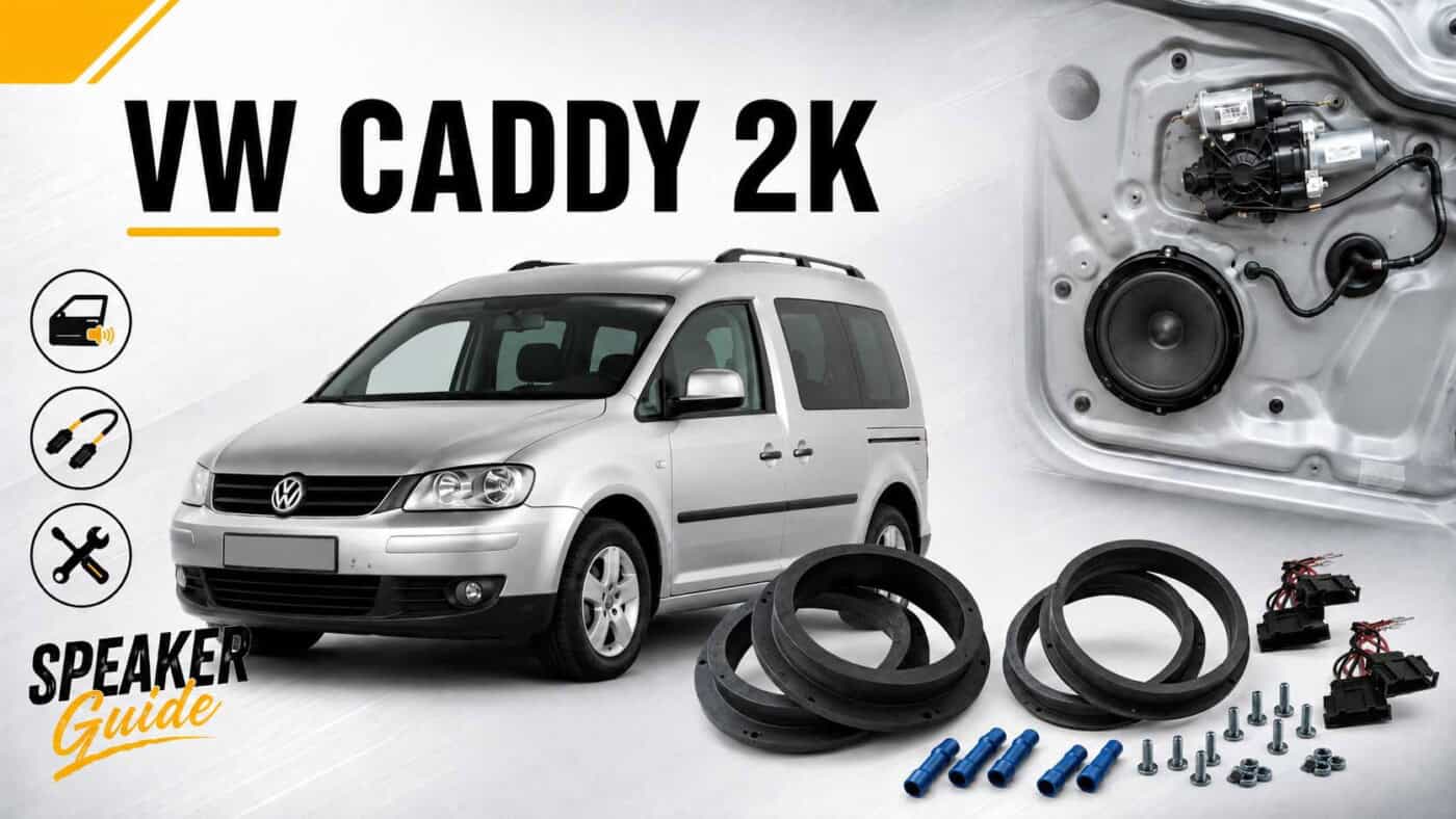VW Caddy 2K Lautsprecher tauschen – Beitragsbild mit Caddy, Türlautsprecher, Adapterringen und Adapterkabeln