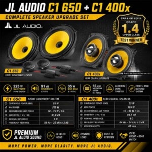 JL Audio C1 650 und C1 400x Lautsprecher-Set mit technischen Daten, Testnote 1,4, 225 Watt Maximalleistung und Front-Heck-Systemübersicht