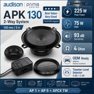 Audison APK 130 2-Wege-System 130 mm mit 225 Watt Peak, 75 Watt RMS, 93 dB Wirkungsgrad und OEM-tauglicher Frequenzweiche