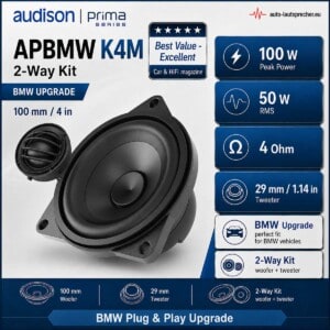 Audison APBMW K4M BMW Lautsprecher-Upgrade mit 100-mm-Tieftönern, 29-mm-Hochtönern und 100 Watt Peak