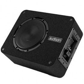 Hochwertiger Audison Subwoofer im dunklen Koffer.