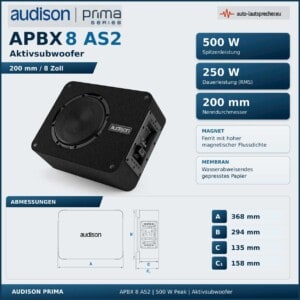 Infografik zum Audison APBX 8 AS2 Aktivsubwoofer mit 200-mm-Tieftöner, 500 Watt Spitzenleistung und 250 Watt RMS-Dauerleistung.