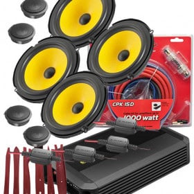 4x Lautsprecher mit gelber Membran für Auto-HiFi-Systeme.