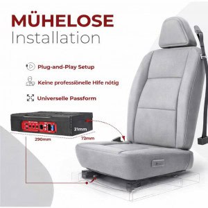 Caliber BC 121 Untersitz-Subwoofer mit Einbau-Darstellung unter dem Beifahrersitz