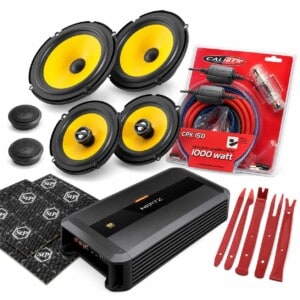 Ford Fiesta MK7 Soundsystem mit JL Audio C1 650, C1 650x, Hertz DB 4.400 Endstufe, Einbauringen, Adapterkabeln, Quetschverbindern, Stromkabelset und Kunststoffhebel.