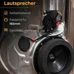 Schaumstoffringe für Lautsprecher an einer Fahrzeugtür mit 165 mm Lautsprecher und Hinweis auf selbstklebende Montage