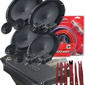 Hochwertige Auto Lautsprecher Set mit Verstärker, Kabel und Zubehör für optimalen Sound.