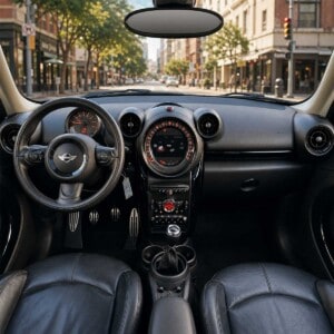 BMW Mini F55 Cockpit mit Autoradio und städtischem Hintergrund