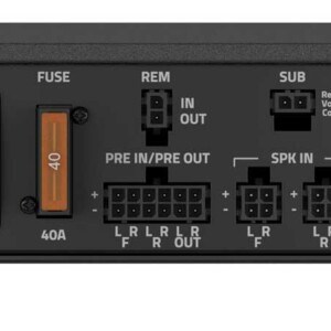Seitenansicht der Hertz CP 4.800 Endstufe mit Strom-, Cinch-, High-Level- und Lautsprecheranschlüssen