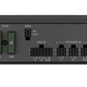 Seitenansicht der Hertz CP 5.1K Endstufe mit Strom-, Cinch-, High-Level- und Lautsprecheranschlüssen