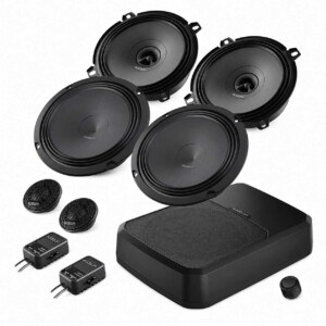 Mercedes E-Klasse W210 / S210 Lautsprecher-Set mit Audison APK 165 Frontsystem, Audison APX 5 Hecklautsprechern und Hertz DBA201-F Aktivsubwoofer inklusive Einbauringen und Lautsprecheradapterkabeln.