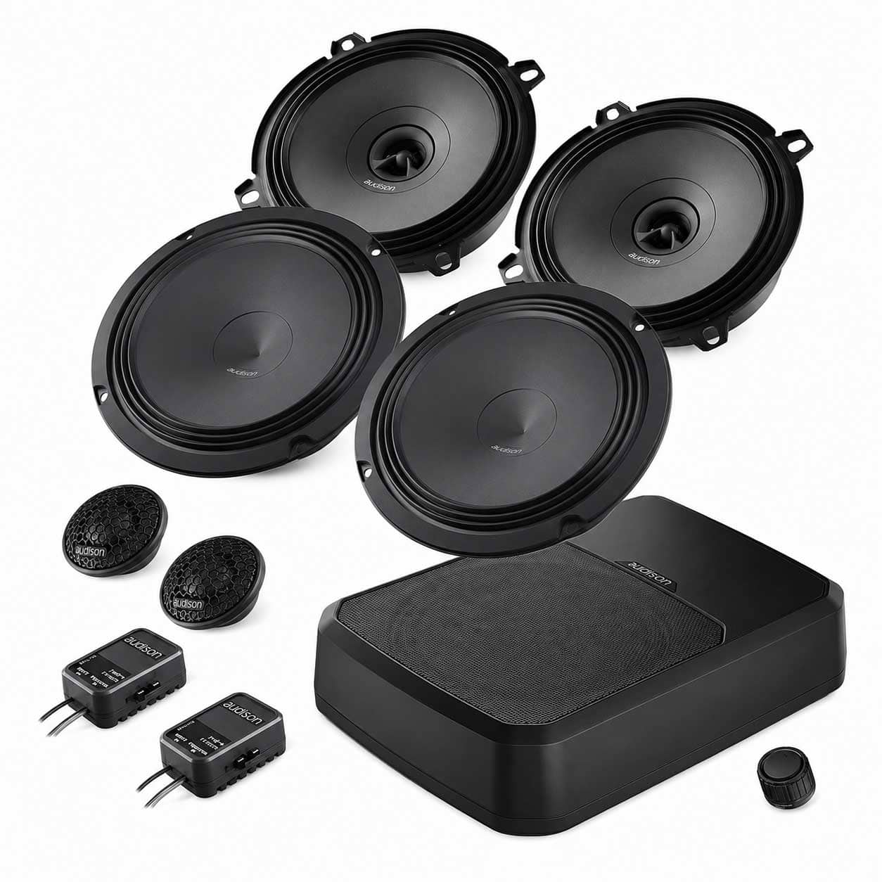 Mercedes E-Klasse W210 / S210 Lautsprecher-Set mit Audison APK 165 Frontsystem, Audison APX 5 Hecklautsprechern und Hertz DBA201-F Aktivsubwoofer inklusive Einbauringen und Lautsprecheradapterkabeln.