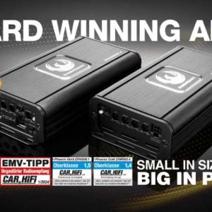 Phoenix Gold ZXM500.1 und ZXM500.4 ausgezeichnete Car-HiFi Verstärker mit Product of the Year 2024 und Award Winning Amps Hinweis
