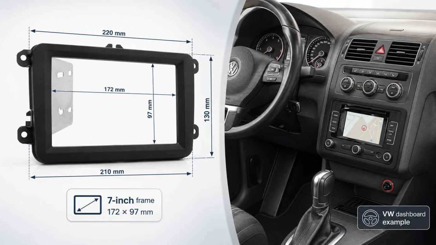 7 Zoll Radioblende im VW – Masse und Cockpit Uebersicht