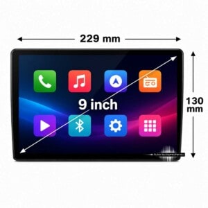 9 inch Bildschirm mit Maßangaben 229 mm Breite und 130 mm Höhe für passende 9 Zoll Radioblenden
