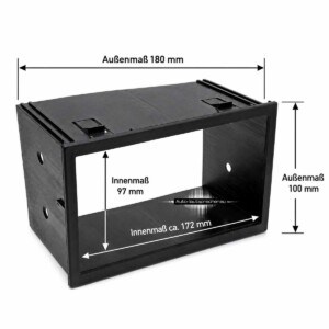 Doppel-DIN Radioblende aus Kunststoff mit Maßangaben für Außenmaß 180 x 100 mm und Innenmaß ca. 172 x 97 mm.