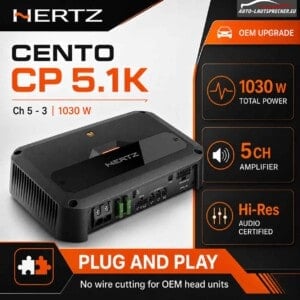 Hertz Centro CP 5.1K OEM Upgrade Infografik mit 1030 Watt, 5-Kanal-Verstärker und Plug-and-Play Hinweis