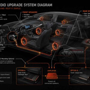 Infografik zum OEM Audio Upgrade mit Radio/Navi, Plug-and-Play T-Harness, Endstufe unter dem Beifahrersitz oder im Kofferraum sowie Frontlautsprechern, Hecklautsprechern und optionalem Subwoofer.