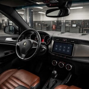 Alfa Romeo Giulietta 940 Innenraum mit 9 Zoll Bildschirm und Radioblende in Werkstattansicht