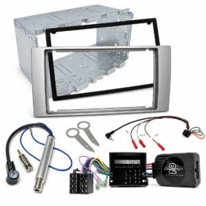 Ford Focus Mondeo Kuga 2 DIN Radioblende silber mit Einbauschacht, CAN-BUS Lenkradadapter und Anschlusszubehör