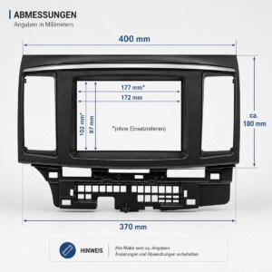 Mitsubishi Lancer CYO 2 DIN Radioblende mit Maßangaben für Radioausschnitt und Gesamtbreite
