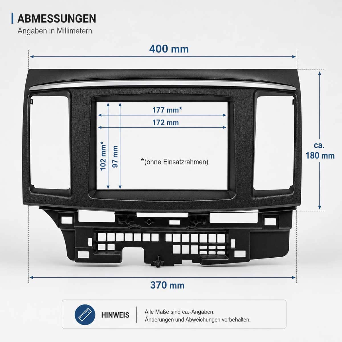 Mitsubishi Lancer CYO 2 DIN Radioblende mit Maßangaben für Radioausschnitt und Gesamtbreite
