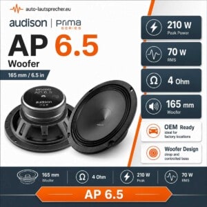 Technisches Datenblatt des Audison Prima AP 6.5 165-mm-Tieftöners mit 210 Watt Spitzenleistung, 70 Watt RMS und 4 Ohm.