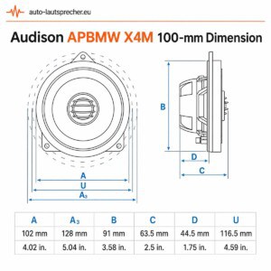 Maßzeichnung des Audison APBMW X4M 100-mm-Koaxiallautsprechers mit Frontansicht, Seitenansicht und Einbaumaßen.