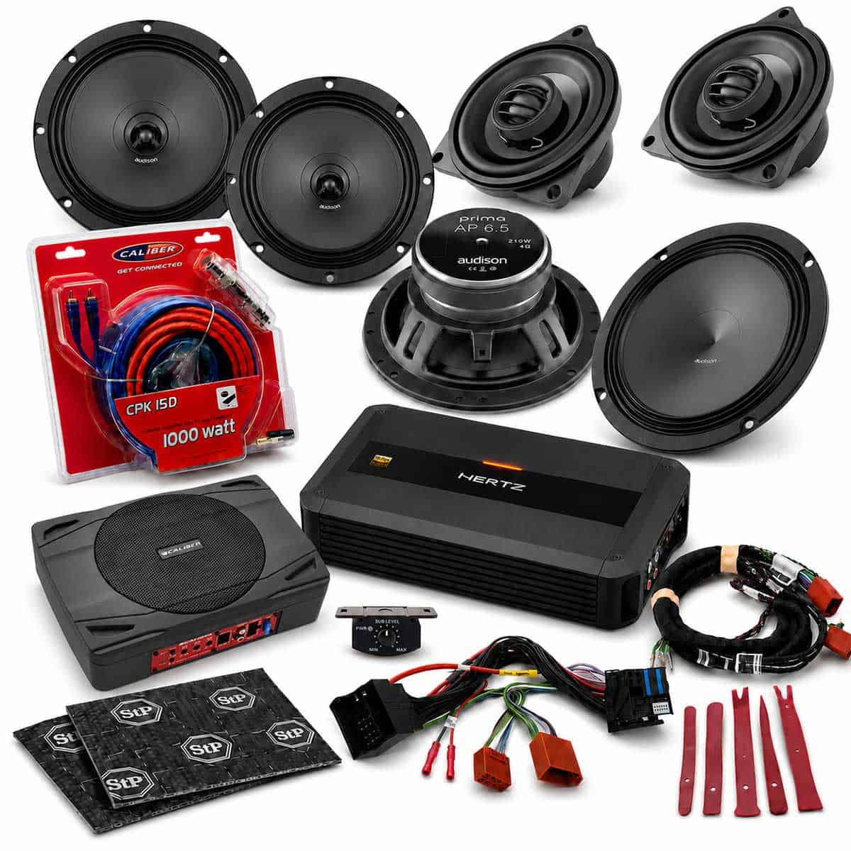 Komplettes Mini Cabrio R57 Audison Hertz Soundsystem-Set mit Lautsprechern, Endstufe, Aktivsubwoofer und Einbauzubehör.