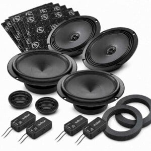 Mercedes CLC CL203 2008–2011 Audison Lautsprecherset mit APK 165 Power vorne, APX 6.5 hinten, Türdämmung, Schaumstoffringen und T-Adapter für Aktivsubwoofer.