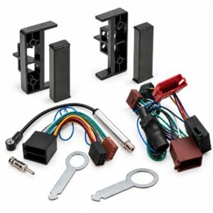 1-DIN-Radio-Einbauset für Audi A2 A3 A4 A6 mit Radioblende, Aktivsystemadapter, Phantomspeisung und Entriegelungswerkzeugen.