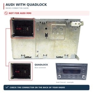 Rückseite eines Audi Werksradios mit rot markiertem 40-Pin-Quadlock-Anschluss und Hinweis zur fehlenden MMI-Kompatibilität des Adapters.