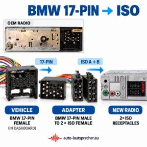 Anschlussschema BMW 17-Pin auf ISO: Fahrzeuganschluss mit runden Kontakten, Radioadapter und Verbindung zum Nachrüstradio.