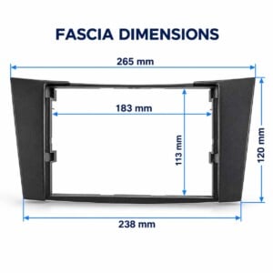 Maßzeichnung der schwarzen Doppel-DIN-Radioblende für Mercedes E W211 und CLS C219: Außenmaß 265 × 120 mm, Innenöffnung 183 × 113 mm.