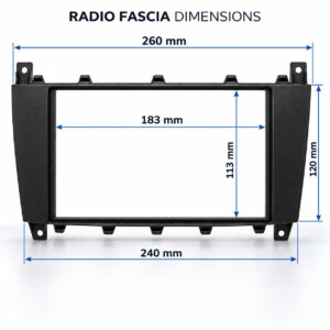 Maßzeichnung der Mercedes 2-DIN-Radioblende: 260 mm breit, 120 mm hoch, Innenausschnitt 183 × 113 mm.