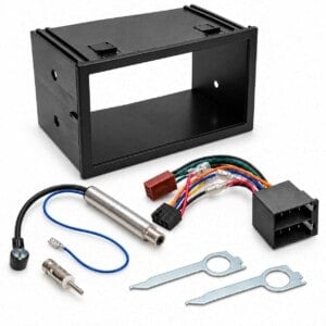 Skoda Fabia I 6Y 2-DIN-Radio-Einbauset mit schwarzer Radioblende, ISO-Kabeladapter, Antennenadaptern und zwei Entriegelungsbügeln.