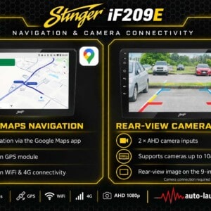 Stinger iF209E mit Google Maps auf dem 9-Zoll-Display und Rückfahrkamera-Ansicht mit farbigen Einparkhilfslinien.
