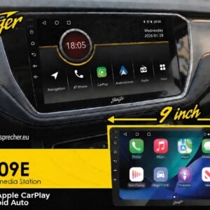 Stinger iF209E mit 9-Zoll-Touchscreen als Einbauillustration im Fahrzeugcockpit und zusätzlicher Ansicht mit Apple CarPlay.