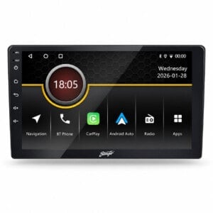 Stinger iF209E mit 9-Zoll-HD-Touchscreen und Startmenü für Navigation, Apple CarPlay, Android Auto, Bluetooth und Radio.