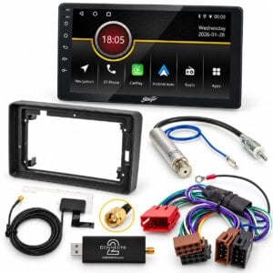 Stinger iF209E Einbauset für Audi A3 8P 2003–2006 mit ISO-Anschluss, 9-Zoll-Radioblende, Adaptern, CT9DAB-Modul und DAB-Antenne.