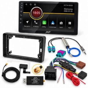Stinger iF209E Einbauset für Audi A3 8P mit 9-Zoll-Radioblende, Quadlock-Adapter, Antennenadapter, CT9DAB-Modul und DAB-Antenne.