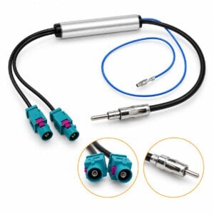 Audi Doppel-Fakra-auf-DIN-Antennenadapter mit Phantomspeisung, zwei türkisfarbenen Fakra-Anschlüssen und blauer Versorgungsleitung.