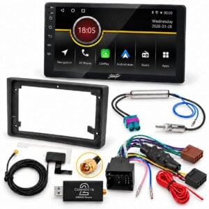 Stinger iF209E Set für Audi A4 B6/B7 mit 9-Zoll-Radioblende, Quadlock-Aktivsystemadapter, Antennenadapter und DAB+-Modul mit Antenne.