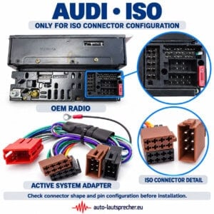 Audi ISO-Anschluss am Werksradio und passender Aktivsystemadapter mit vergrößerten Detailansichten der Anschlussbuchsen und ISO-Stecker.