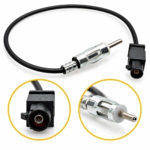 BMW Mini Antennenadapter DIN auf Fakra mit schwarzem Kabel, geradem DIN-Stecker und gelb umrandeten Detailansichten beider Anschlüsse.
