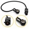 BMW Mini Antennenadapter ISO auf Fakra mit schwarzem Kabel, abgewinkeltem ISO-Stecker und gelb umrandeten Detailansichten beider Anschlüsse.
