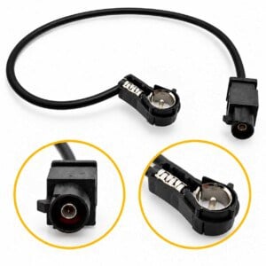 BMW Mini Antennenadapter ISO auf Fakra mit schwarzem Kabel, abgewinkeltem ISO-Stecker und gelb umrandeten Detailansichten beider Anschlüsse.